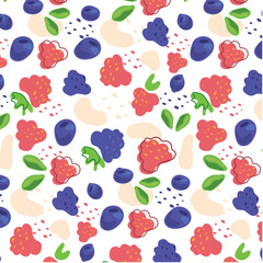 Abstract pattern with Blueberries, raspberries, blackberries and yogurt in flat style. Fresh Seamless pattern. Vector background. Summer time print.