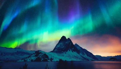 Poster Aurores boréales Aurora borealis, night mountain with vibrant colors, Generative IA, sunset, nature aurora