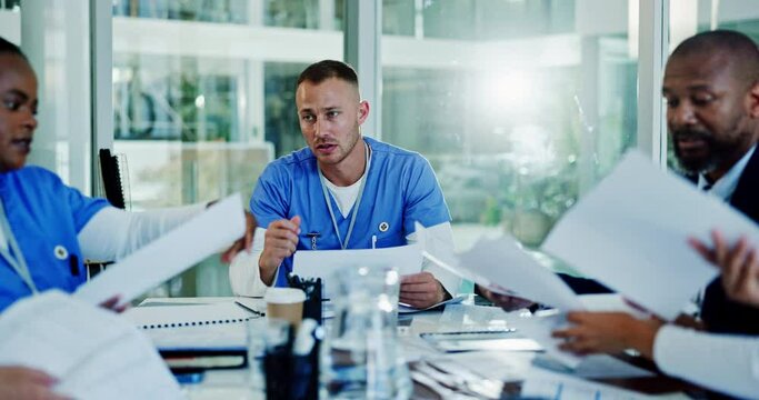 Headache, nurses or man with stress in meeting, hospital ot clinic overwhelmed by emergency deadlines. Anxiety, burnout or frustrated healthcare surgeon with migraine pain, documents or paperwork