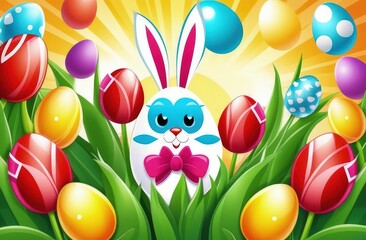 Holiday celebration banner with cute Easter decorated eggs and spring flowers on green spring meadow. Flowers in landscape. Happy Easter greeting card, banner, festive background.Copy space.