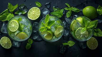 Summer mint lime refreshing cocktail mojito with rum and ice in glass on black background top view - obrazy, fototapety, plakaty