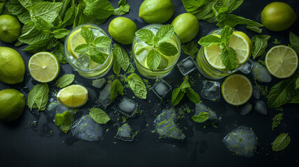 Summer mint lime refreshing cocktail mojito with rum and ice in glass on black background top view - obrazy, fototapety, plakaty