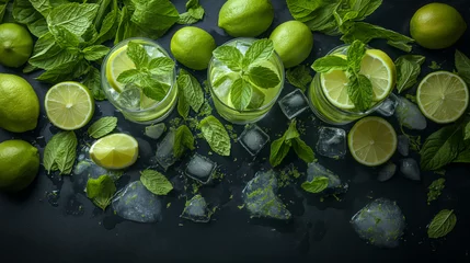 Fotobehang Summer mint lime refreshing cocktail mojito with rum and ice in glass on black background top view © Cristina
