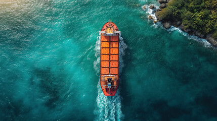 Cargo ship at sea in bird's-eye view