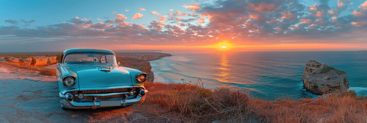 A vintage car parked on the side of a coastal road with the ocean in the background.