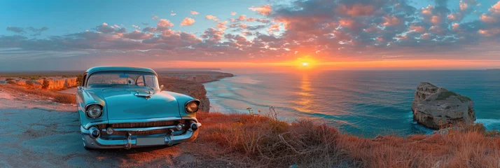 Foto op Plexiglas A vintage car parked on the side of a coastal road with the ocean in the background. © Vitalii But