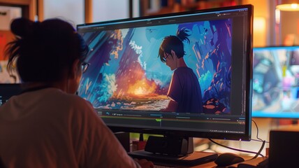 A person working on a digital illustration of a forest on a computer screen