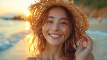 A lovely and beautiful Asian woman happily relaxes during a beach vacation. She wears a cute outfit in the summer.