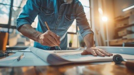 Architect drawing on blueprint in the office
