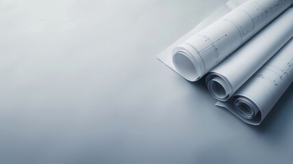 Architectural blueprints on a grey surface