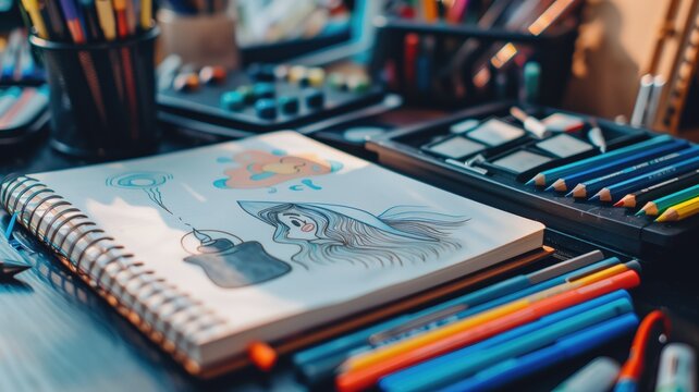 Creative sketchbook with colorful drawings and pencils