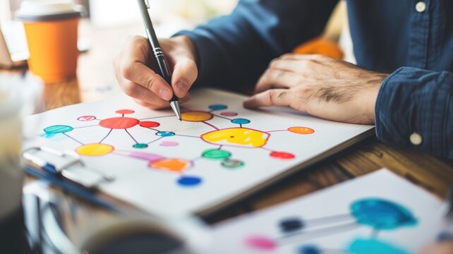 Person drawing a colorful mind map on paper