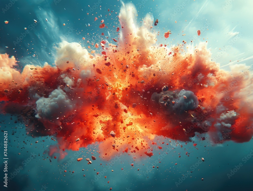 Poster a dynamic scene capturing a large explosion of red and white clouds with intense force and energy.