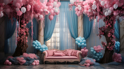 This intricately designed room features a beautiful contrast of pink and blue balloons with floral accents and a classic sofa centerpiece