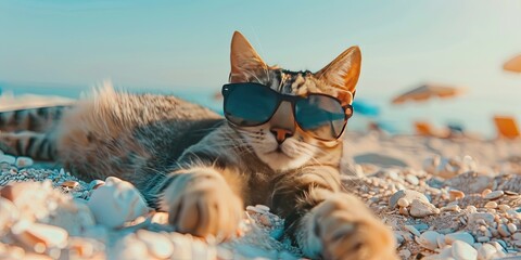 Cat wearing hawaiian floral lei and sunglasses on the beach - obrazy, fototapety, plakaty