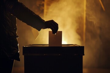 Person Putting vote in Ballot Box on Table. Generative AI