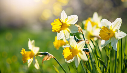Obraz premium daffodils in sunshine in springtime, easter flowers in green spring meadow on blurred bokeh background, blooming narcissus in sunlight