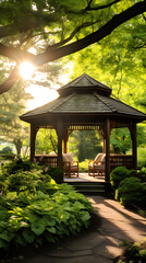 Sun-kissed Wooden Gazebo Surrounded by Verdant Greenery: A Serene Hideaway in Nature