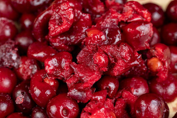 ripe frozen red cherries, close up
