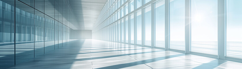 Obraz premium Glass facade reflecting the surroundings and providing a panoramic view of the city skyline, the modern interior of a corporate building offers an excellent backdrop for a clean and poster layout.