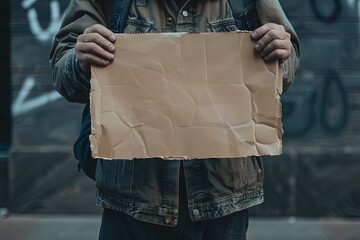 Homeless person holding up cardboard sign - vagabond panhandling on the street corner - obrazy, fototapety, plakaty