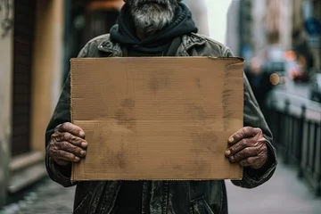 Poster Homeless person holding up cardboard sign - vagabond panhandling on the street corner © Brian