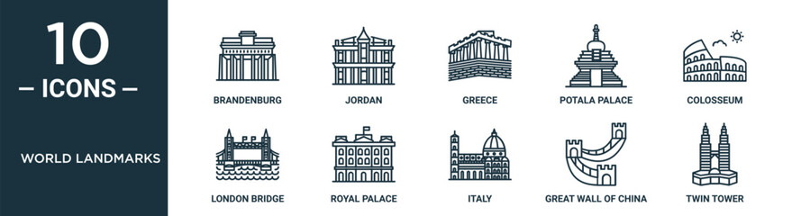 world landmarks outline icon set includes thin line brandenburg, greece, colosseum, royal palace, great wall of china, twin tower, london bridge icons for report, presentation, diagram, web design - obrazy, fototapety, plakaty