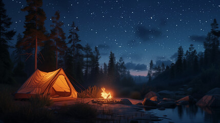 The glistening surface of a camping tent under the starry night sky, with a campfire flickering nearby, capturing the peaceful and adventurous spirit of camping during summer vacations.