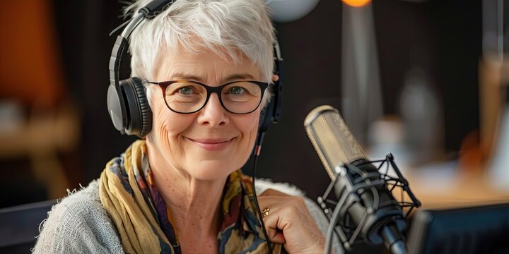 Mature female podcaster preparing for interview with microphone and headphones