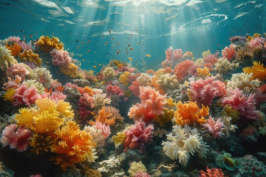 The image showcases a diverse coral reef teeming with marine life underwater.