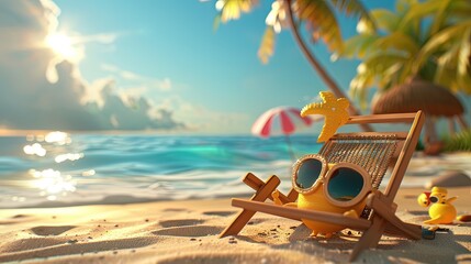 Summer vacation and spring break kawaii 3D concept illustration in modern animation style - obrazy, fototapety, plakaty