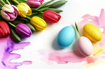 Fototapeta na wymiar Holiday celebration banner with colorful tulips, spring flowers and colorful decorated Easter eggs on light background. Happy Easter greeting card, banner, festive background. Close up, Copy space.