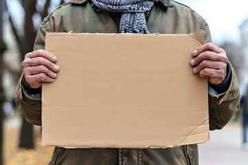 Homeless person holding up cardboard sign - vagabond panhandling on the street corner