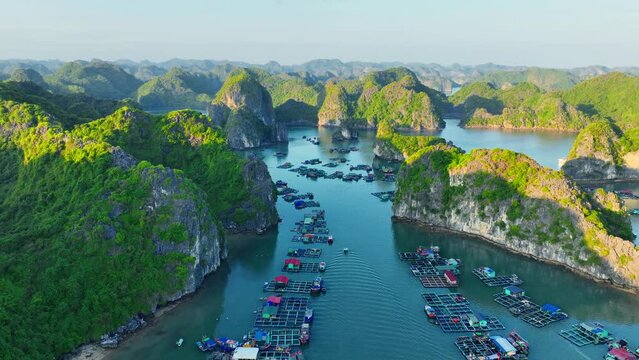 aerial shot of Halong Bay with floating village in Vietnam, iconic Halong Islands drone shot. Vacation travel in Vietnam, unesco site