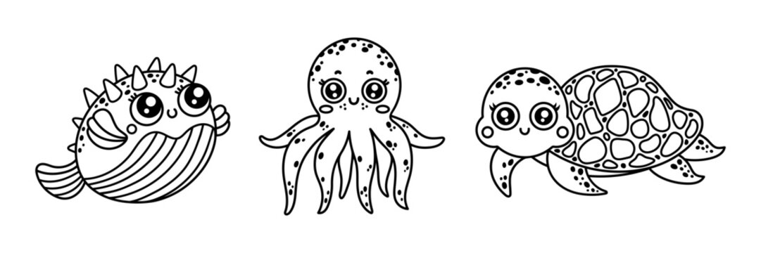 Sea animals vector set. A cute turtle with a shell, a friendly octopus with tentacles, a funny puffer fish with spikes. Coloring book for kids, outline. Underwater pets, swimming cartoon characters