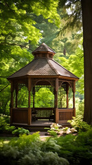 Fototapeta na wymiar Sun-kissed Wooden Gazebo Surrounded by Verdant Greenery: A Serene Hideaway in Nature