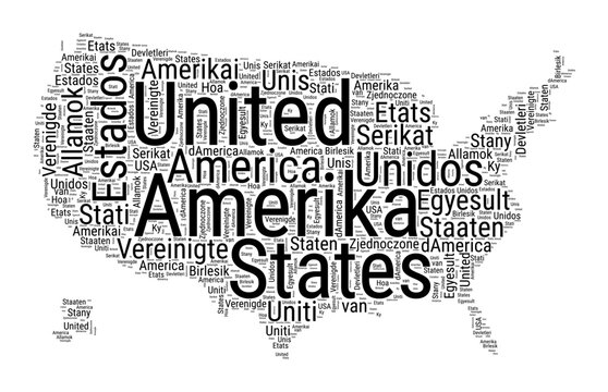 Black and white word cloud in USA shape. Simple typography style country illustration. Plain USA black text cloud on white background. Vector illustration.