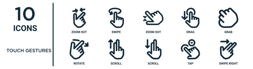 touch gestures outline icon set includes thin line zoom out, zoom out, grab, scroll, tap, swipe right, rotate icons for report, presentation, diagram, web design - obrazy, fototapety, plakaty