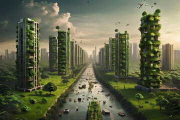 Embrace sustainable environment concept. preserving nature, reducing carbon footprint, and building green urban communities for a brighter future.
 - obrazy, fototapety, plakaty