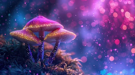 Zelfklevend Fotobehang Fantasy Mushroom Wallpaper. Glowing Mushrooms in mystery dark forest close-up. Magic mushrooms in the forest. Glowing fluorescent mushroom in mystic luminescent forest. © jokerhitam289