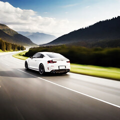 Fototapeta premium White car speed driving on asphalt road at daytime, ai generated.