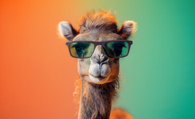 Cooles Kamel mit Sonnenbrille auf grünem Hintergrund