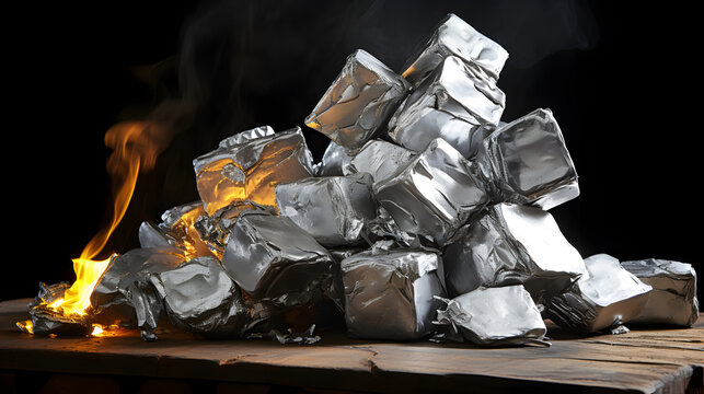 Dramatic image of silver-wrapped heroin bricks with fire igniting the foreground