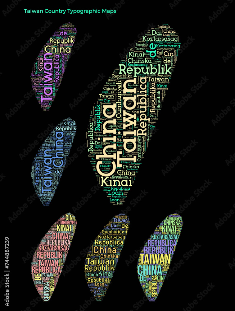 Poster set of typography style country illustrations. taiwan map shape build of horizontal and vertical cou