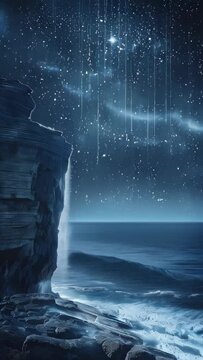 Meteors and stars shining in the night sky, with their light reflecting on the sea. The rock walls create a mystical silhouette.
