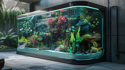 big aquarium with full of fish coral and aquatic tree.
