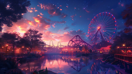 a magical amusement park on the sunset. concept art - obrazy, fototapety, plakaty