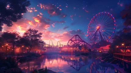 Tuinposter a magical amusement park on the sunset. concept art © The Thee Studio