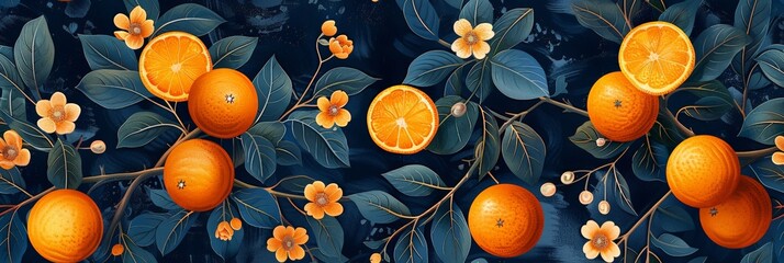 Vibrant Citrus Elegance: Orange Blossoms and Fruits on a Midnight Blue Backdrop