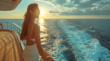 Cruise ship vacation woman enjoying sunset on travel at sea. An elegant happy woman in a white dress looking at the ocean relaxing on a luxury cruise liner boat. female watching sunset